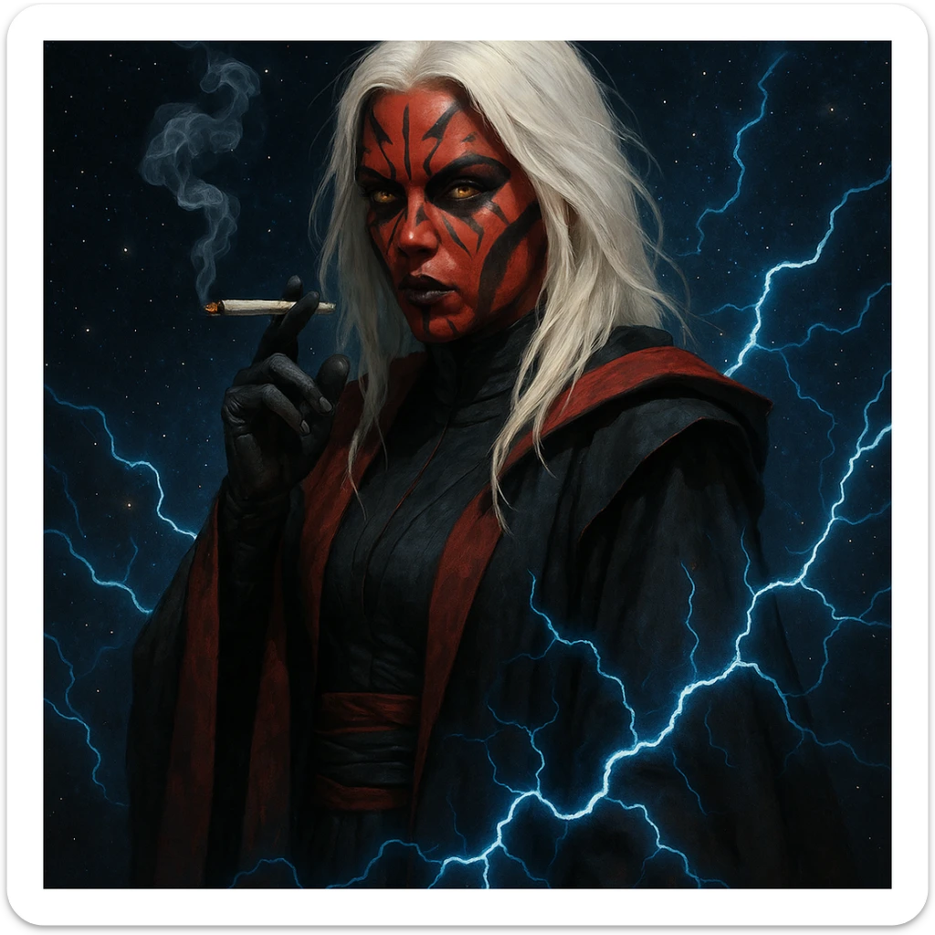 a female sith lord with white hair, smoking a joint, red and black robes, lightning crackling around her, starry space background sticker