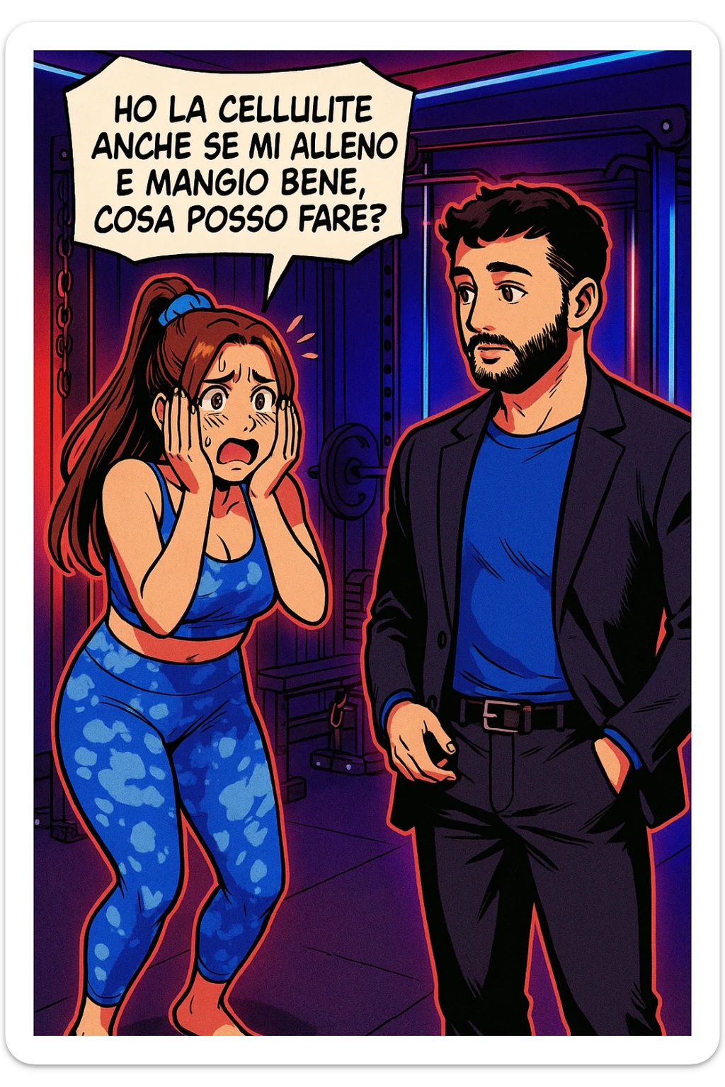 TRASFORMA QUESTO CAROSELLO IN UN FUMETTO STILE WEBTOON/MANGA A COLORI CON QUESTE DUE PERSONE IDENTICHE CHE INTERLOQUISCONO TRA LORO, LA DONNA è DISPERATA CON LE MANI SULLE GUANCE E STA DOMANDANDO TUTTA AGITATA UNA COSA ALL'UOMO:

LEI (DONNA): Ho la cellulite anche se mi alleno e mangio bene, cosa posso fare? sticker