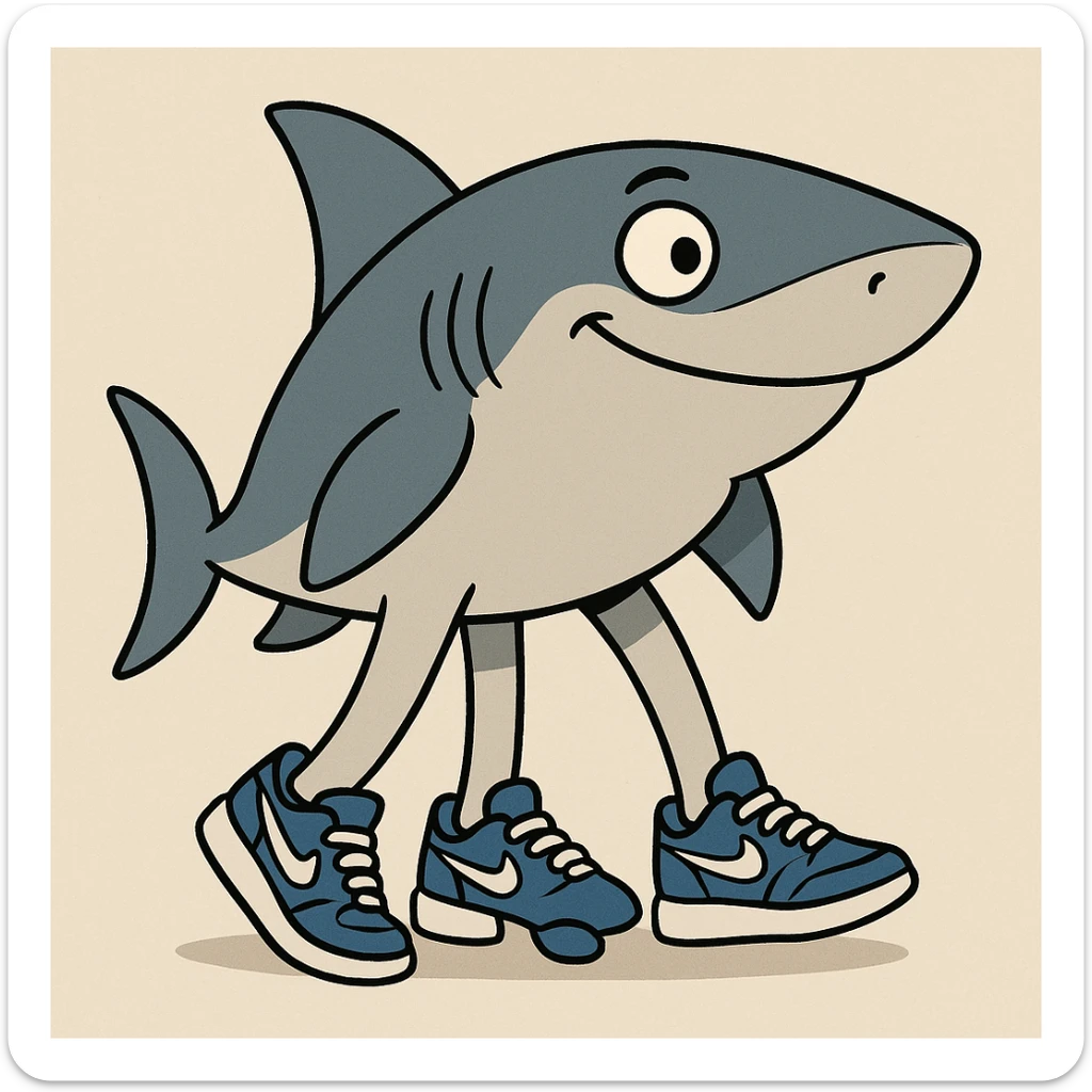 a shark with three legs, last leg near the back fin, wearing blue Nike shoes, closed mouth, cartoon style sticker