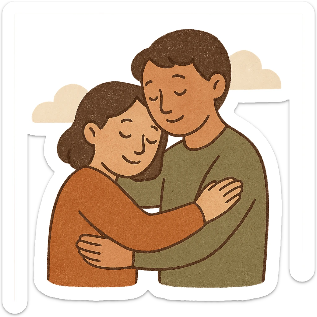 two people hugging, gentle and caring, modern illustration sticker