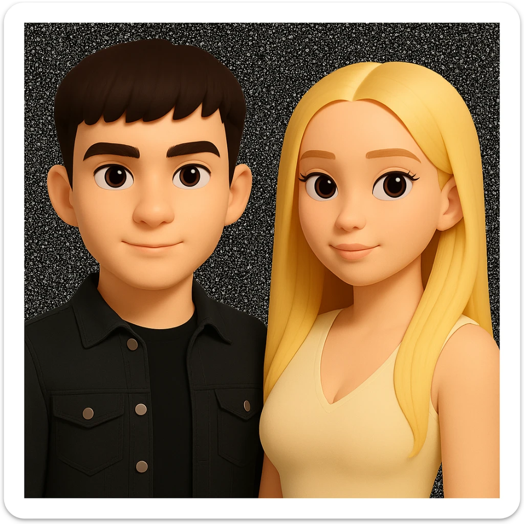 Slightly increase the volume of the upper body of the girl, significantly spread them apart from each other, make the skin color the same for both characters, keep the cartoonish 3D style as in the reference image. sticker