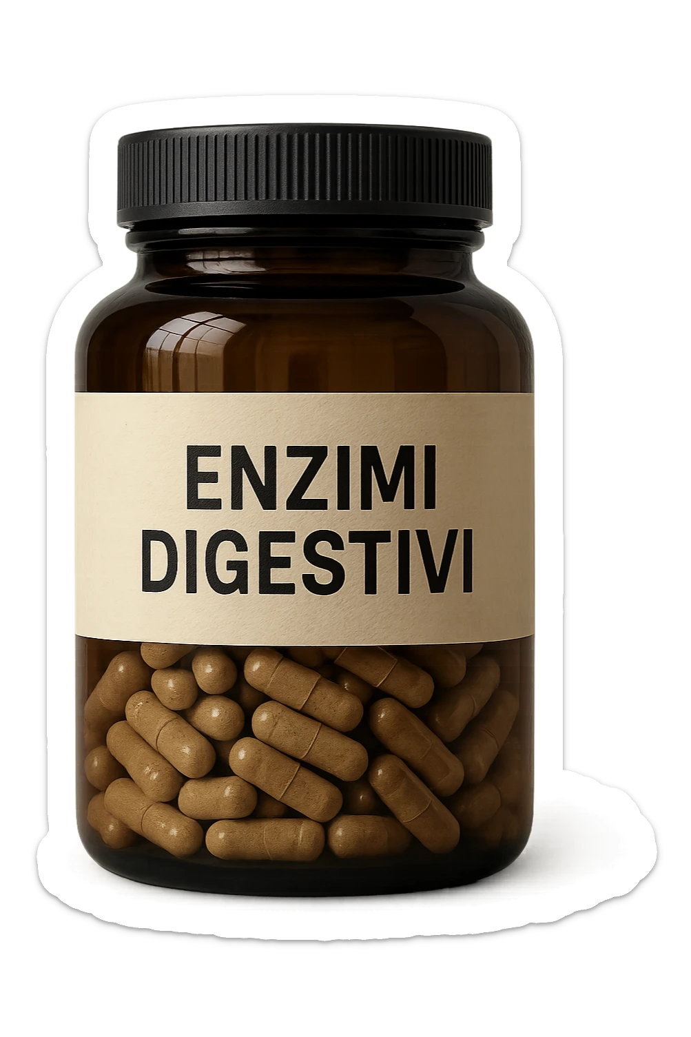 barattolo di integratore con la scritta "ENZIMI DIGESTIVI", iperrealistico 4k sticker