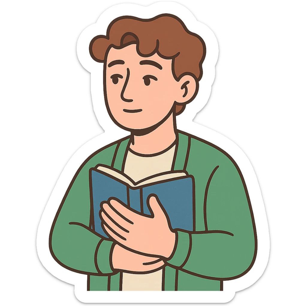 Calm and thoughtful male confidant, fair skin, soft wavy brown hair, gentle eyes, wearing a green cardigan over a light shirt, holding an open journal close to chest, waist-up, front-facing, pure background sticker