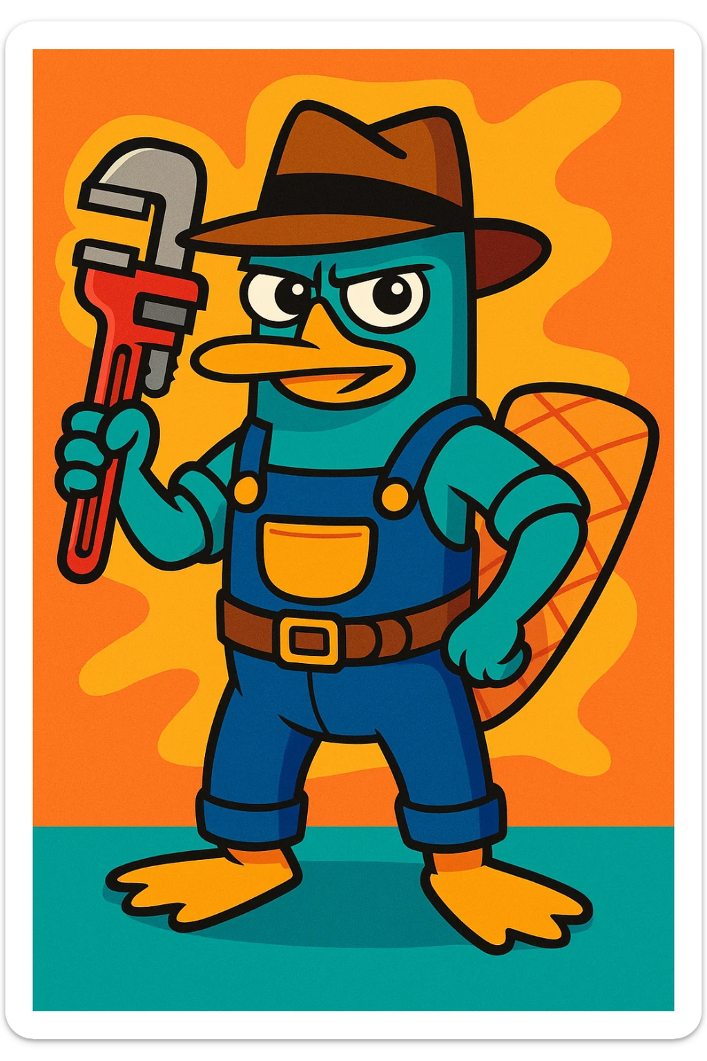 Perry the Platypus as a plumber, teal platypus with a brown fedora, holding a wrench, plumber outfit, cartoon style, vibrant toon sticker