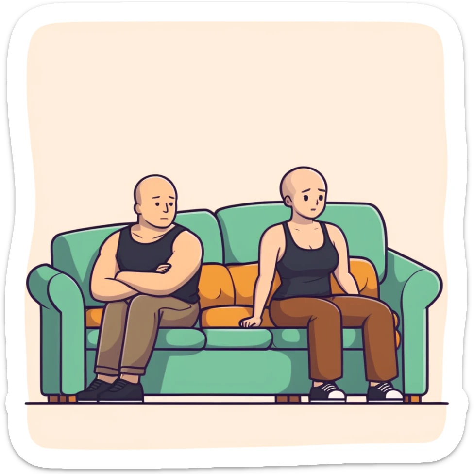 A bald man sitting on a couch. One Caucasian woman with brown hair big boobs wearing pants and a tank top, kneeling on the ground. sticker