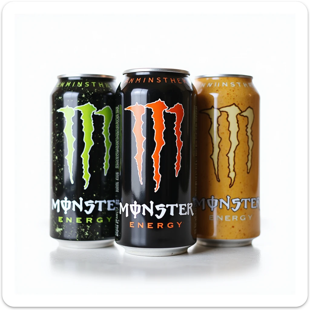 photorealistic group of three monster energy drink cans, different flavors, on a white background sticker