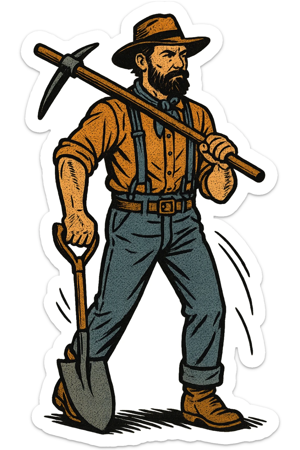 The full body of an American railroad worker from the 1860s in the American West holding tools and a shovel. sticker