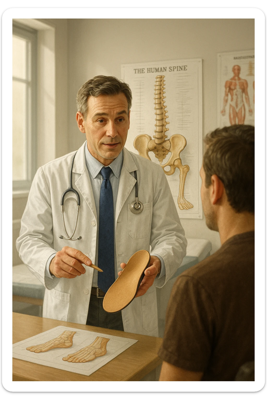 A realistic, cinematic illustration of a professional male doctor in his mid-40s, wearing a white coat, calmly explaining to a patient the benefits of using orthopedic insoles (plantari) for posture correction. The doctor holds a custom insole in his hand while pointing gently to a detailed anatomical poster showing the human spine, pelvis, and feet, illustrating the connection between foot alignment and posture. The setting is a bright, clean medical office with soft natural lighting, a treatment table, and educational anatomical charts in the background. The patient, seen from behind, listens attentively, while the doctor maintains a warm, knowledgeable expression, emphasizing preventive care and body alignment through plantar support. The scene feels trustworthy, modern, and health-focused. sticker