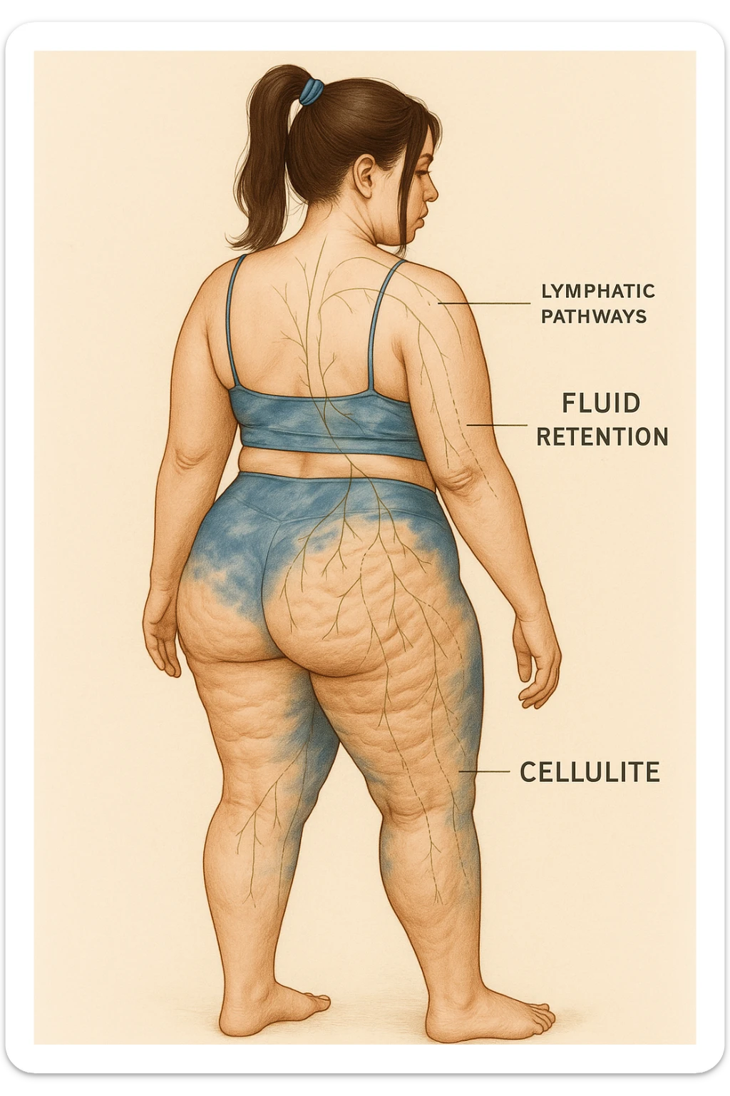 A realistic, anatomical yet artistic illustration of a woman in her early 30s, seen from the back and side, highlighting natural asymmetries of her hips, visible mild water retention and cellulite on her thighs and buttocks, with a soft, non-judgmental, and educational perspective. The skin shows slight dimpling and uneven texture, while subtle anatomical overlays illustrate lymphatic pathways and fluid accumulation zones. The color palette is warm, with natural skin tones and soft lighting, emphasizing a compassionate and body-positive approach. The background is clean, medical yet calming, suitable for educational content about lymphatic health, cellulite, and fluid retention in women sticker