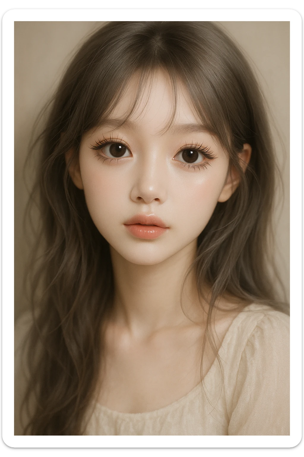 ethereal girl, brown gray hair, big doe eyes, spider eyelashes, douyin Korean makeup, gentle and luminous appearance sticker