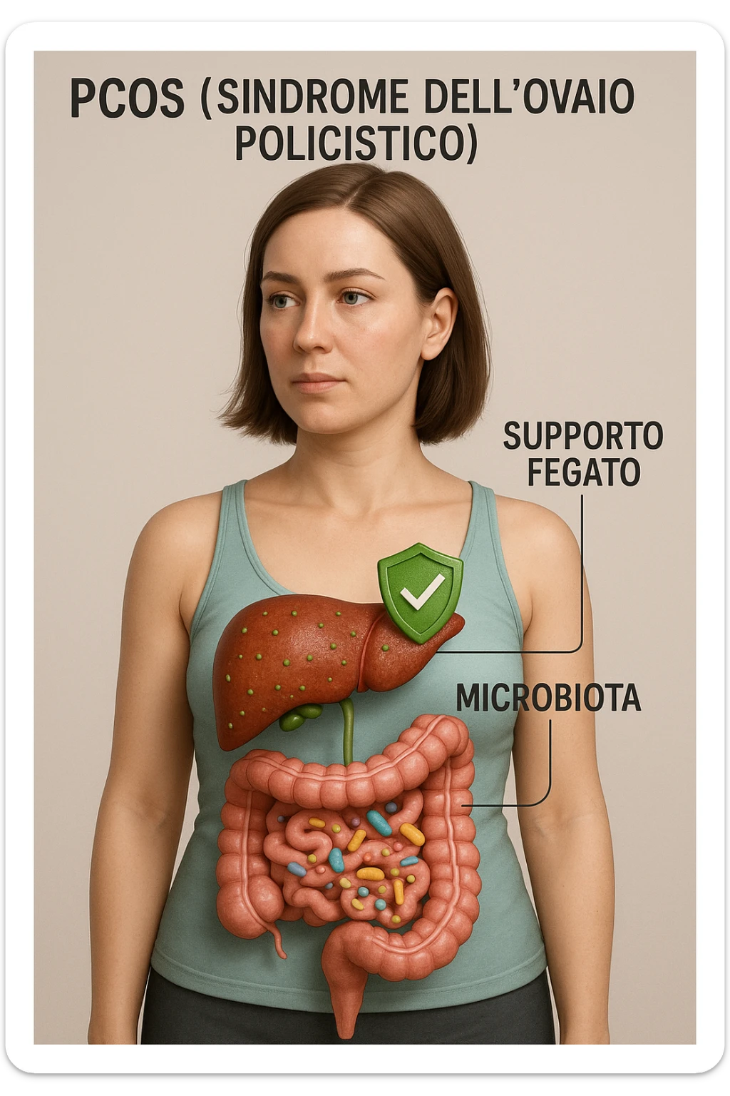 donna con supporto fegato e microbiota in 3D immagine medica donna pcos in italiano  sticker