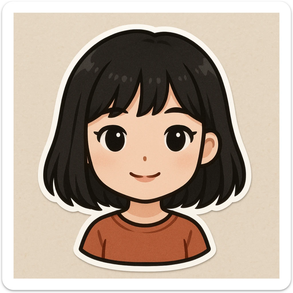 portrait of a girl with black shoulder-length hair, bangs, black almond-shaped eyes, full lips, and straight nose, chibi stickers style sticker