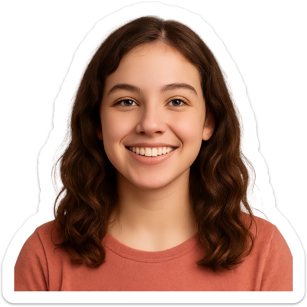 a girl with brown, slightly wavy hair, friendly expression sticker