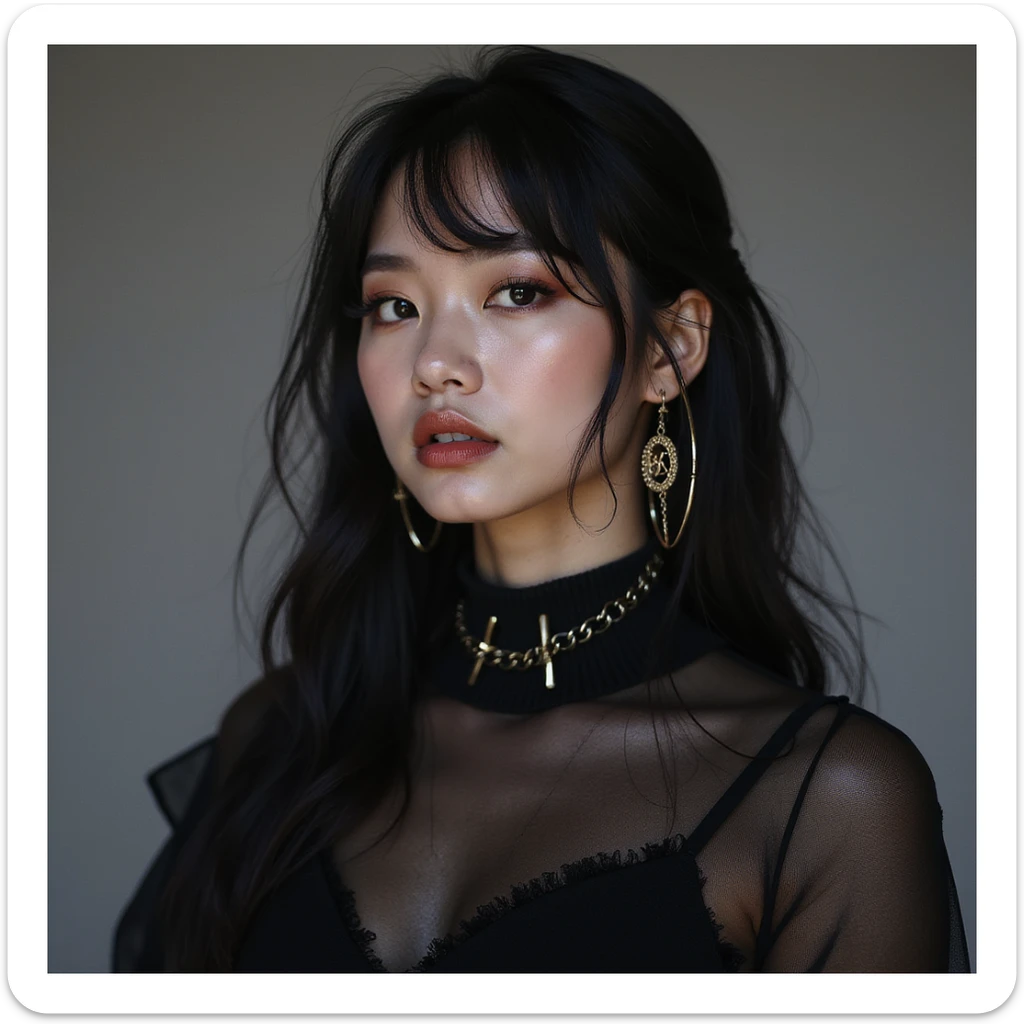 realistic portrait of a K-pop idol inspired by Blackpink, photorealistic style, dramatic lighting, stylish outfit, fierce attitude sticker