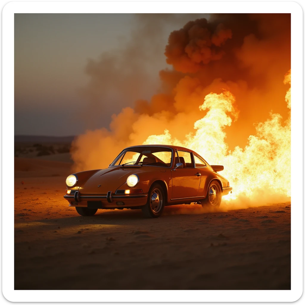 Cinematic shot, Porsche 911 in fire, desert sticker