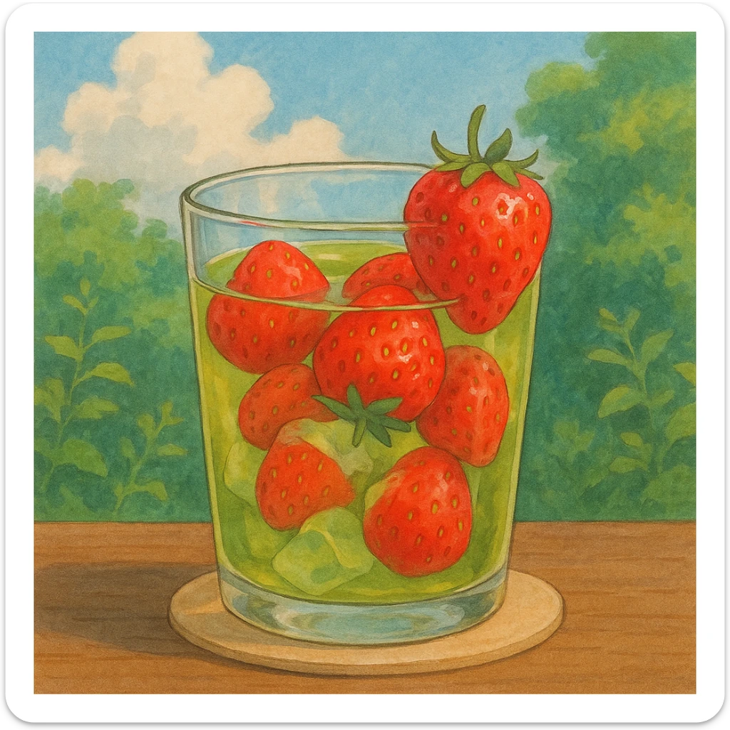 realistic glass of green tea with strawberries in ghibli style sticker