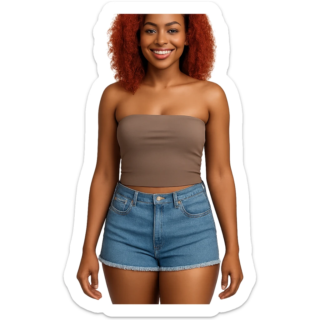 full body portrait of a light skinned Black woman with red hair, wearing a tube top and daisy duke shorts, friendly expression sticker
