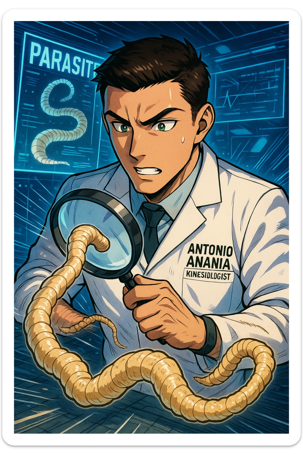A dynamic manga/webtoon-style illustration of a young male kinesiologist wearing a clean white lab coat, analyzing light beige worms like a tapeworm under a magnifying glass. His expression is focused and slightly intrigued, with sharp, detailed eyes. The art style is vibrant, with bold linework, rich colors, and dramatic lighting. The background is a futuristic laboratory with glowing holographic screens displaying parasite data. The tapeworm is intricately drawn, slimy and segmented, with a slightly exaggerated yet realistic texture. The composition is dynamic, with motion lines or energy effects to emphasize his scientific investigation. The atmosphere is intense but not dark, keeping a balance between scientific seriousness and stylish manga aesthetics, he has "ANTONIO ANANIA" WRITTEN ON WHITE LAB COAT sticker