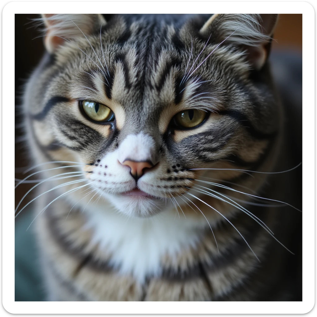 a realistic close-up of a cat face, white nose and underbelly, gray fur, detailed fur texture, photorealistic style sticker