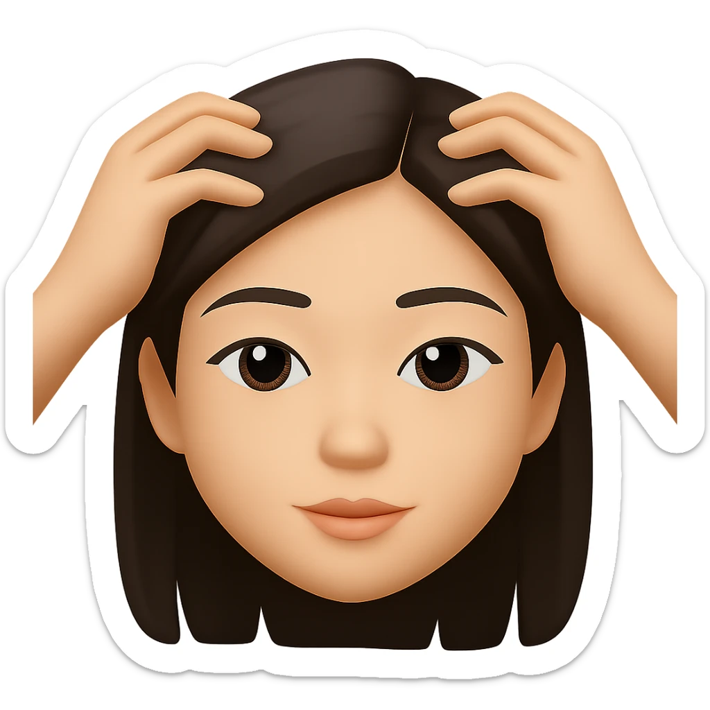 Show only the hands and head of an Asian woman receiving a scalp massage, close-up, with no background, in emoji style look. sticker