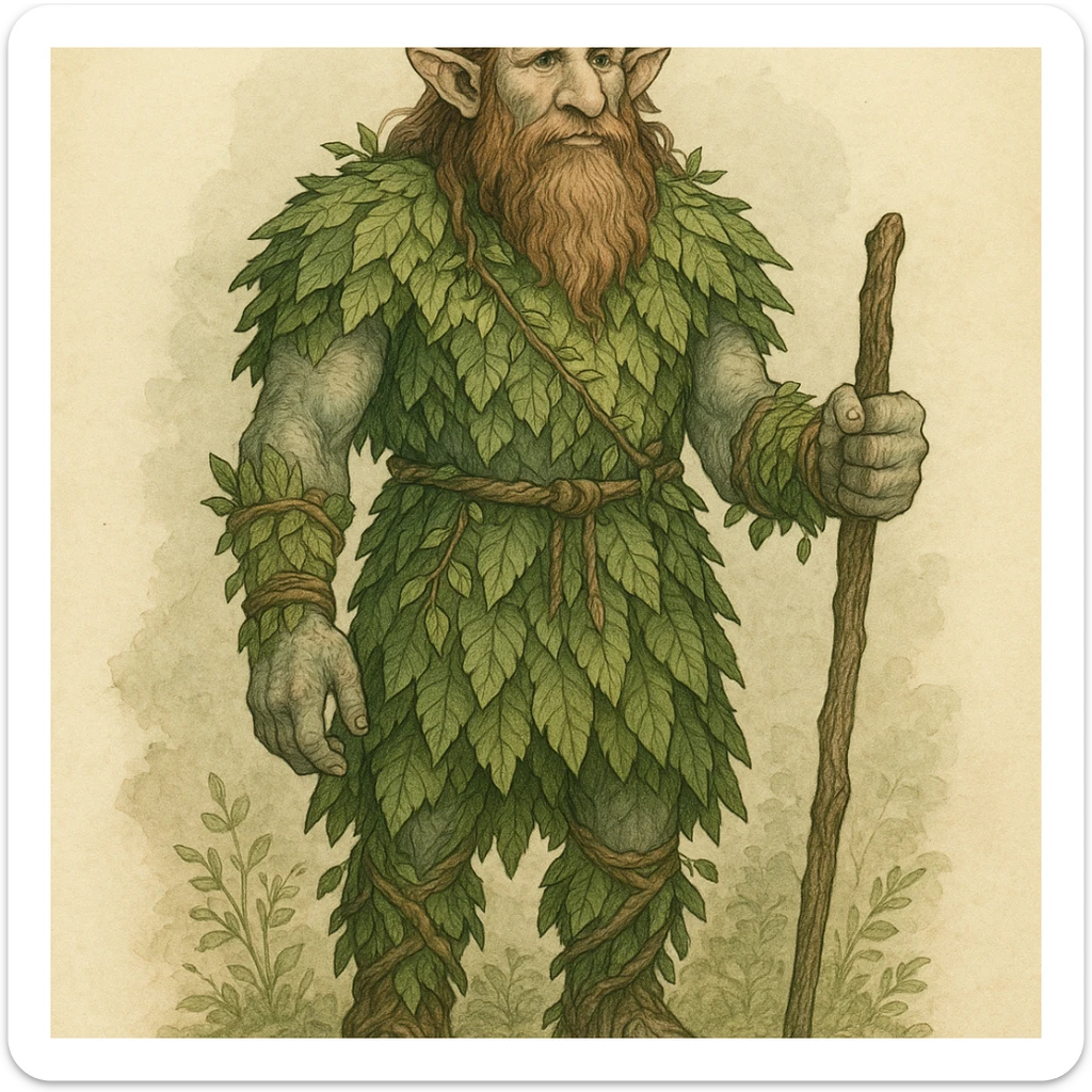 firbolg, tall and kind, with leafy clothing, fantasy illustration, detailed fantasy character sticker