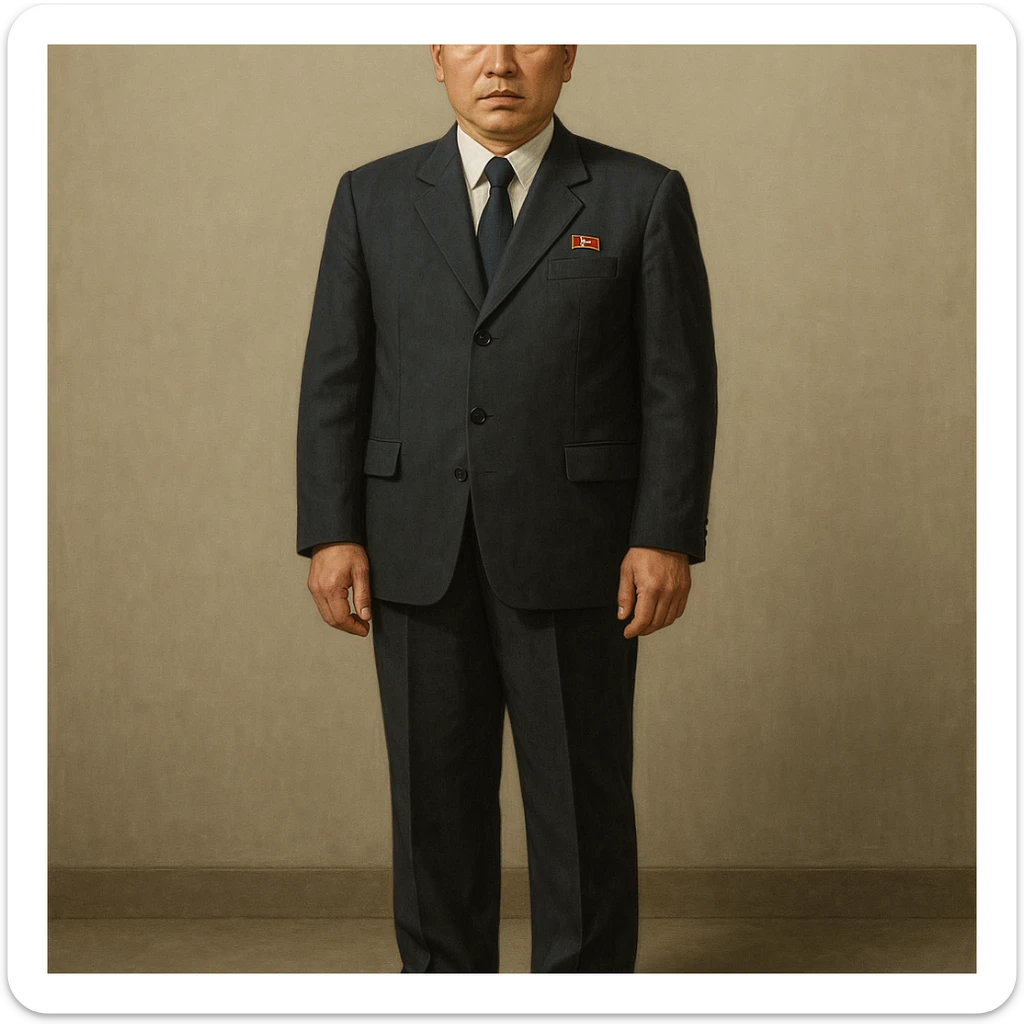 Official portrait of a North Korean man, head of the hull production workshop at a shipyard, serious and formal style, dark suit, neutral background, confident and focused expression, style inspired by Soviet and North Korean official portraits, full body, not cropped, head not cut off, head and feet fully in frame, variation 1 sticker