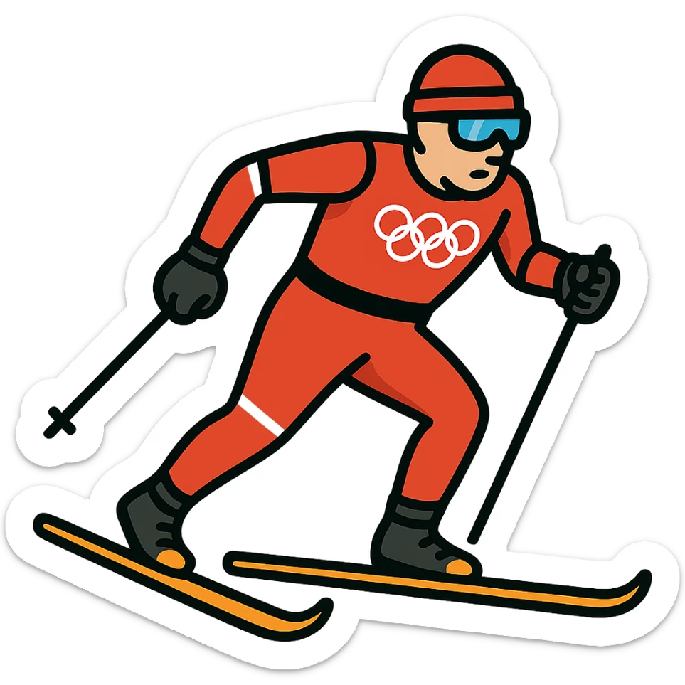 Keep the skier in red clothes, add glasses similar to the second skier in the reference, and make the skis a little longer. Maintain vector style with shadows, highlights, and clean outlines. Transparent background. sticker