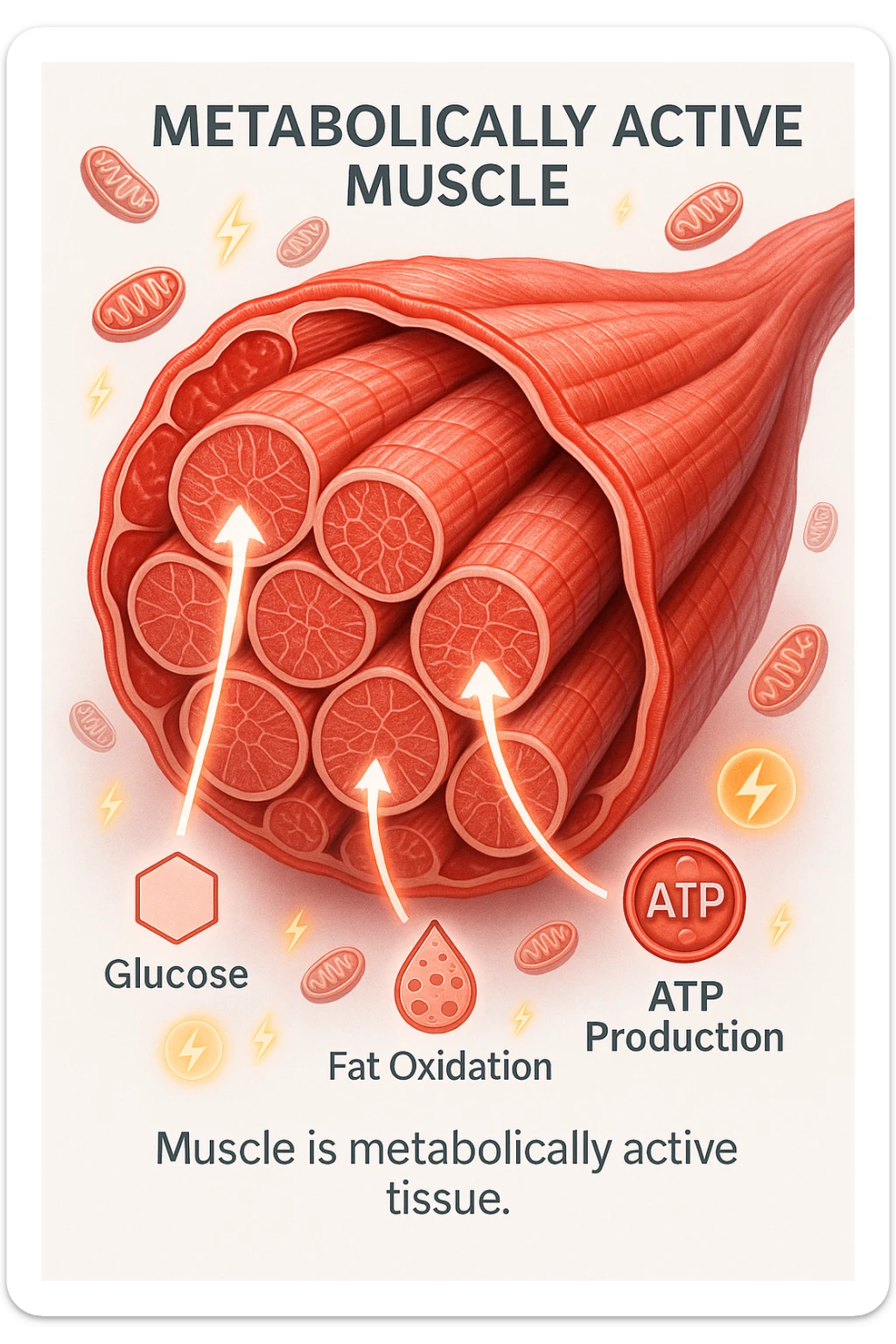 a highly detailed cross-section of human skeletal muscle fibers, shown in vibrant red and pink tones, with visible striations and realistic texture. Glowing arrows and animated icons represent active metabolic processes—such as glucose uptake, fat oxidation, and ATP production—occurring within the muscle tissue. Surrounding the muscle, floating symbols for mitochondria and energy highlight its metabolic activity. The background is clean and clinical, with subtle labels and infographics explaining that muscle is a metabolically active tissue. The overall style is modern, scientific, and visually engaging, suitable for educational or medical use. in italiano sticker