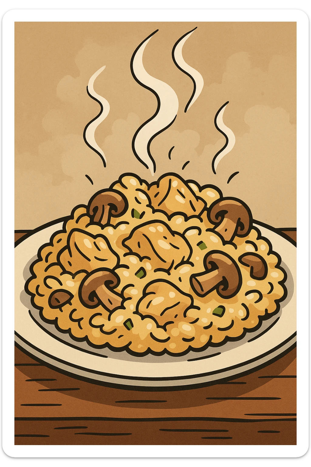 cartoon steaming plate of risotto with chicken and mushrooms, rustic Italian, exaggerated features sticker