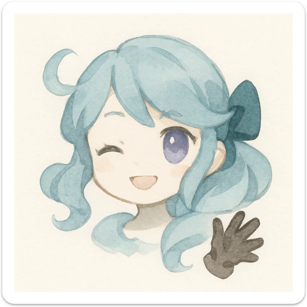 chibi style Gwen from League of Legends, only head, right eye purple, one hand waving with glove, smiling and energetic, watercolor style sticker