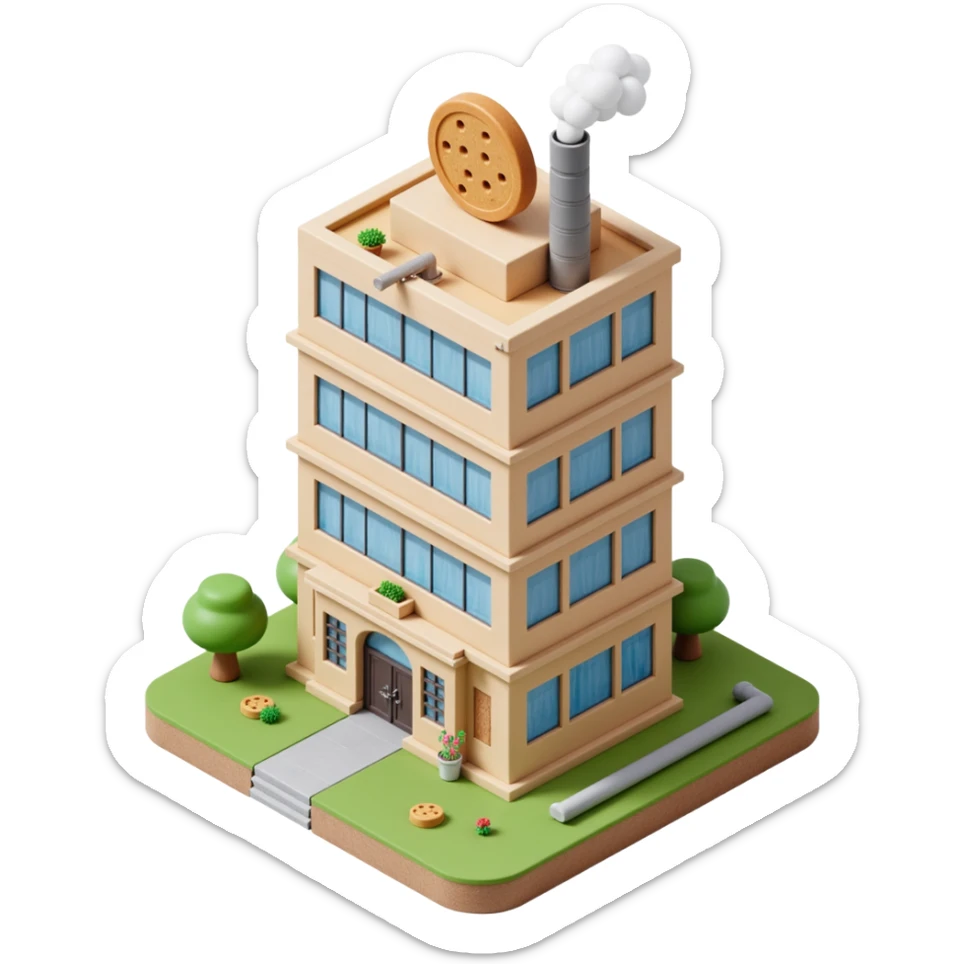 Outside view of a skyscraper-style cookie factory, multiple floors with glass walls, rooftop steam vents, vertical pipes running along the building edges, cookie logo on top, emoji-style sticker