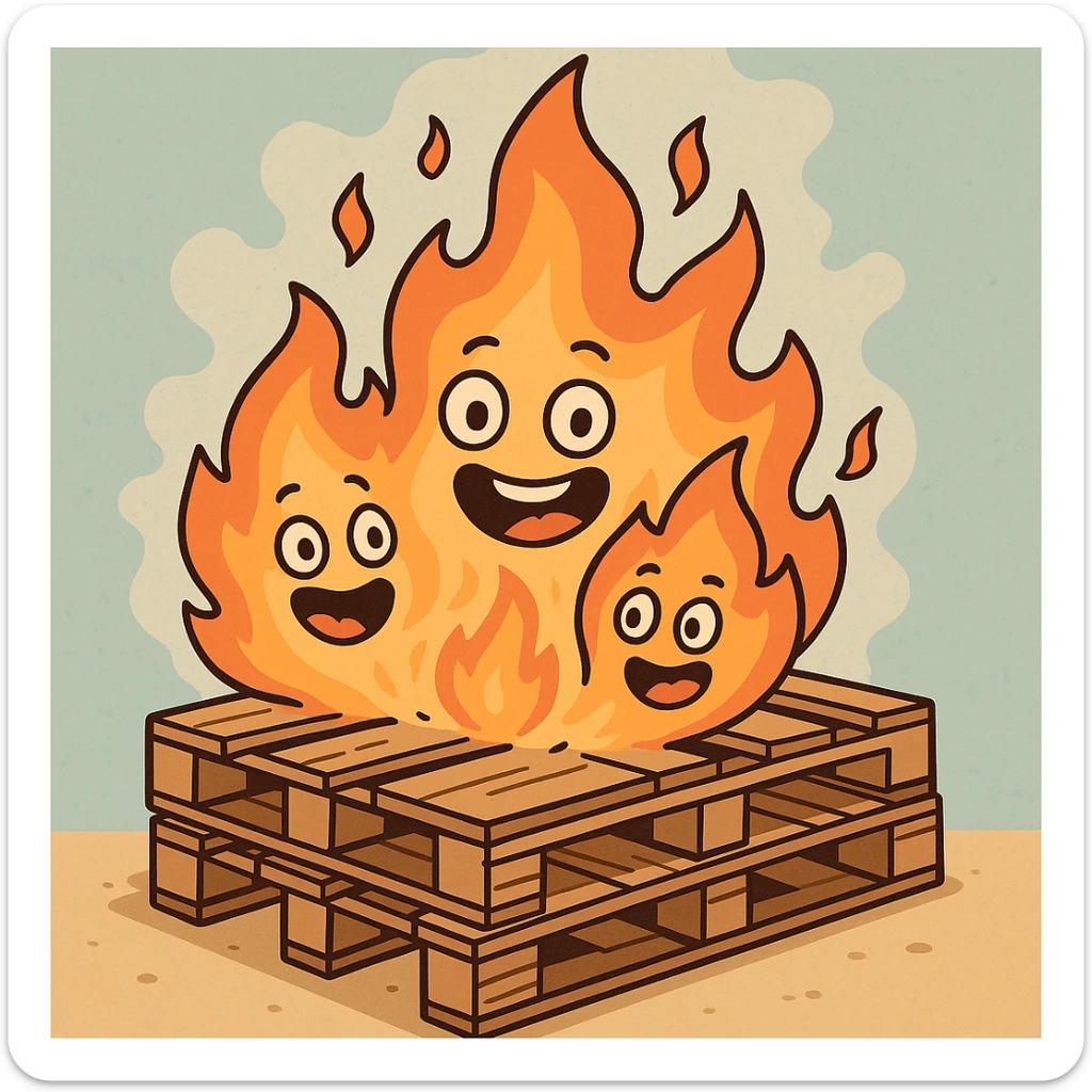 cartoonish pallet bonfire, wooden pallets ablaze, smiling flames, fun and lively, animated look sticker