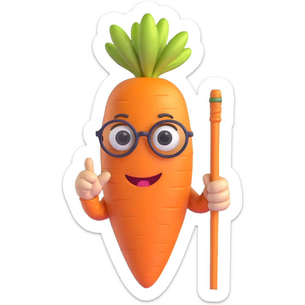 funny icon for archived groceries, very old wrinkled carrot with glasses and cane, silly expression, 3D emoji style, white background sticker