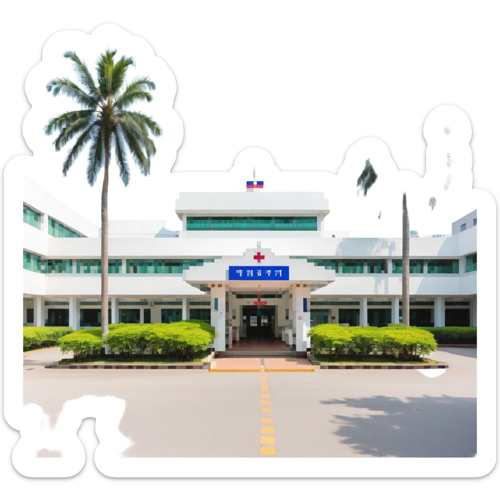 Bangkok hospital with tropical palm trees and Thai style entrance sticker