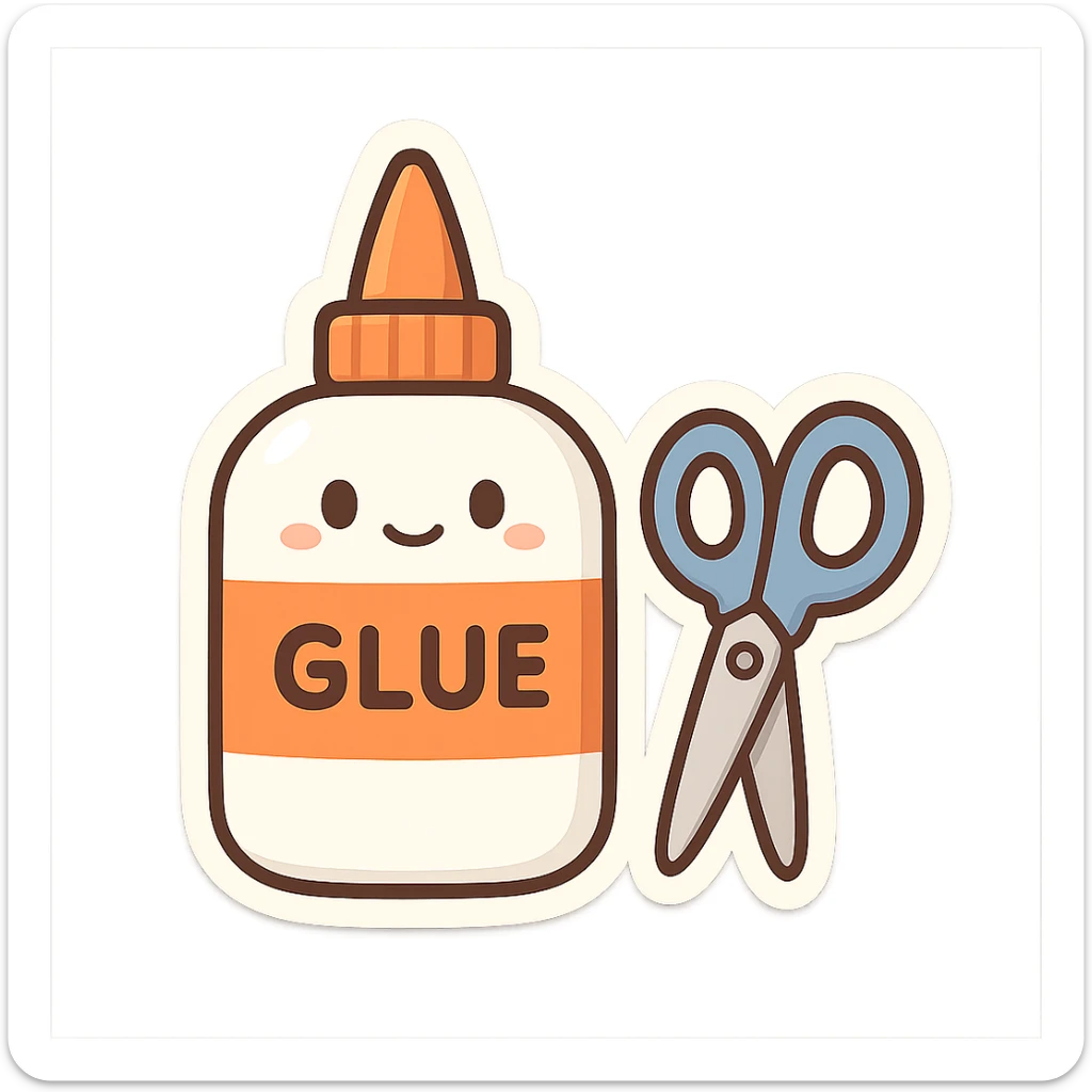 bottle of glue with orange label and tip and a pair of blue scissors, flat toon vector illustration sticker