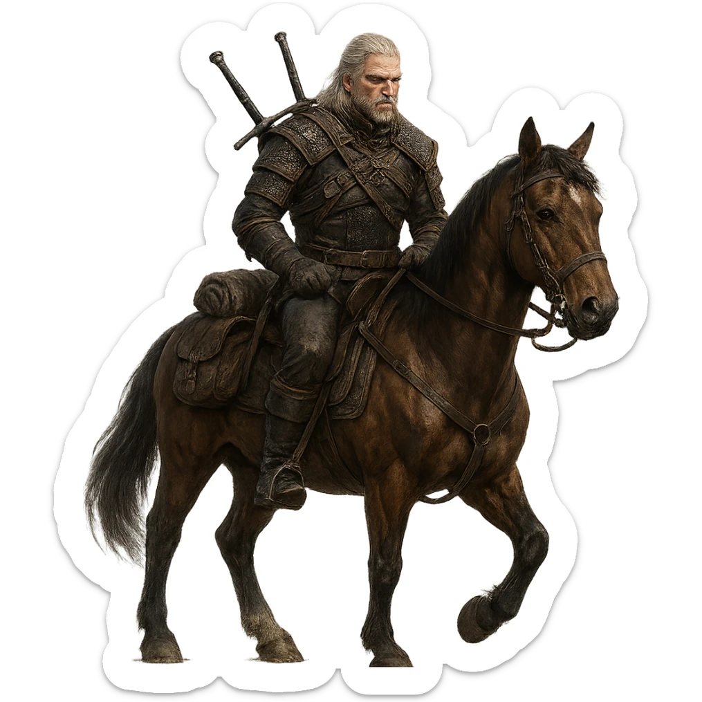 Witcher character in the style of The Witcher series, riding a horse. sticker