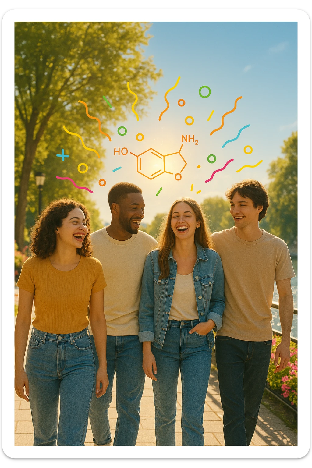 a group of friends strolls along a riverside promenade on a bright, sunny day. Their expressions are joyful and relaxed, and the sunlight creates a warm, golden glow. Above them, faint, colorful lines or icons represent the release of beneficial dopamine. The background is vibrant and full of life. sticker
