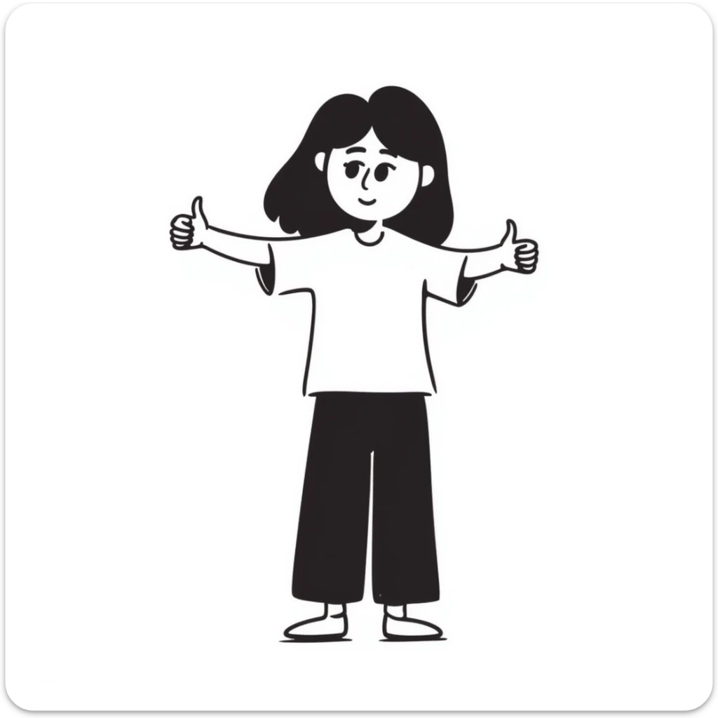 Girl with one hand giving thumbs up and the other hand giving thumbs down, showing mixed feelings sticker