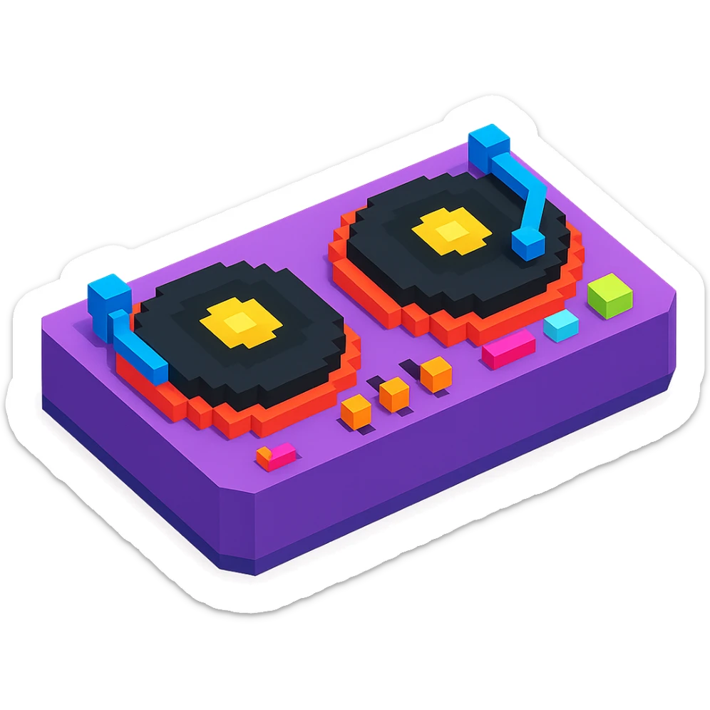 DJ turntables with glowing buttons and a retro vibe sticker