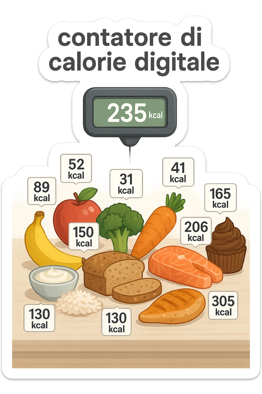a digital calorie counter hovers above a variety of foods arranged on a table—fruits, vegetables, grains, meats, and desserts. Each food has a floating label showing its calorie content. The background is clean and modern, emphasizing the educational aspect of calorie awareness. scritto in italiano sticker