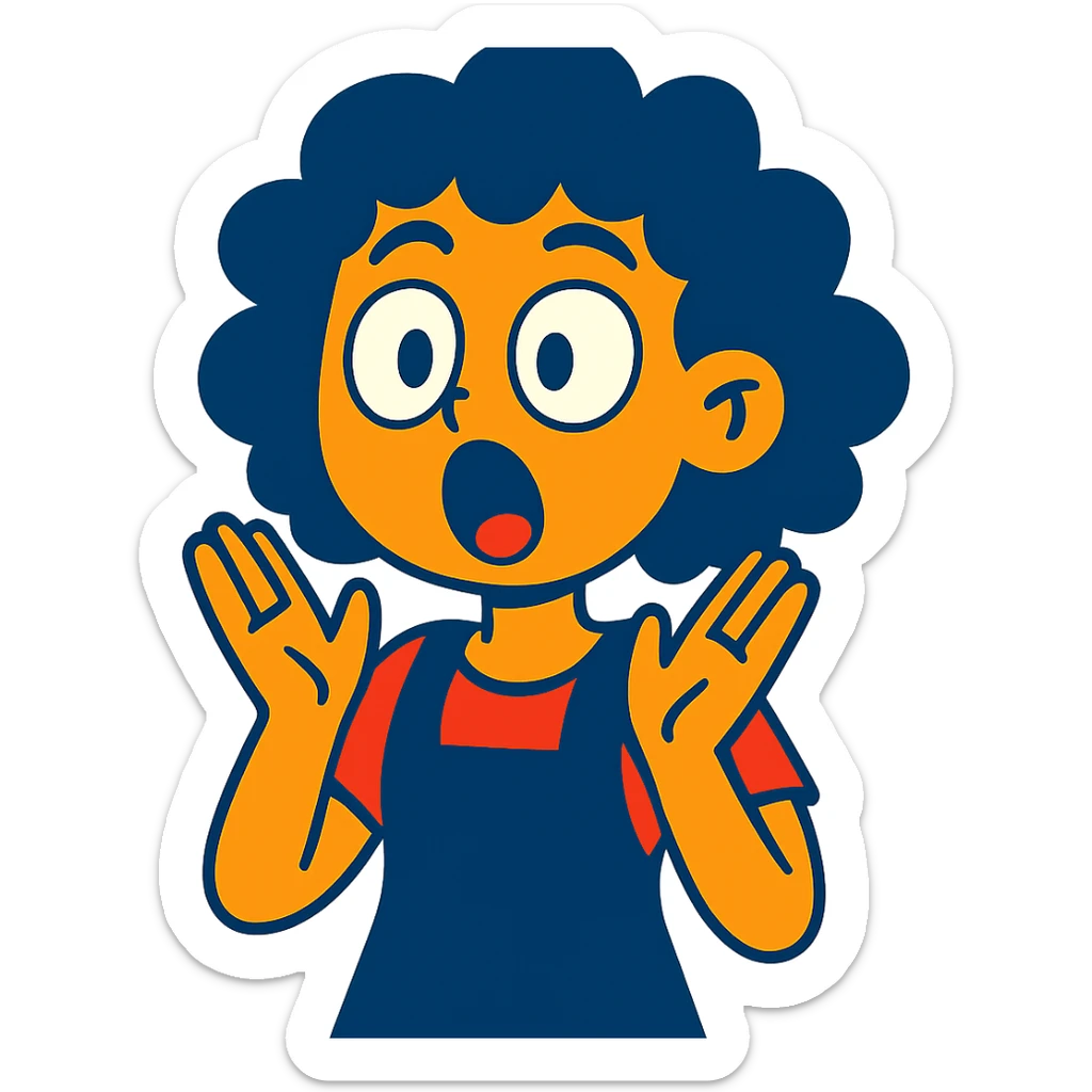 girl character with short curly hair and a surprised expression, vibrant cartoon style sticker