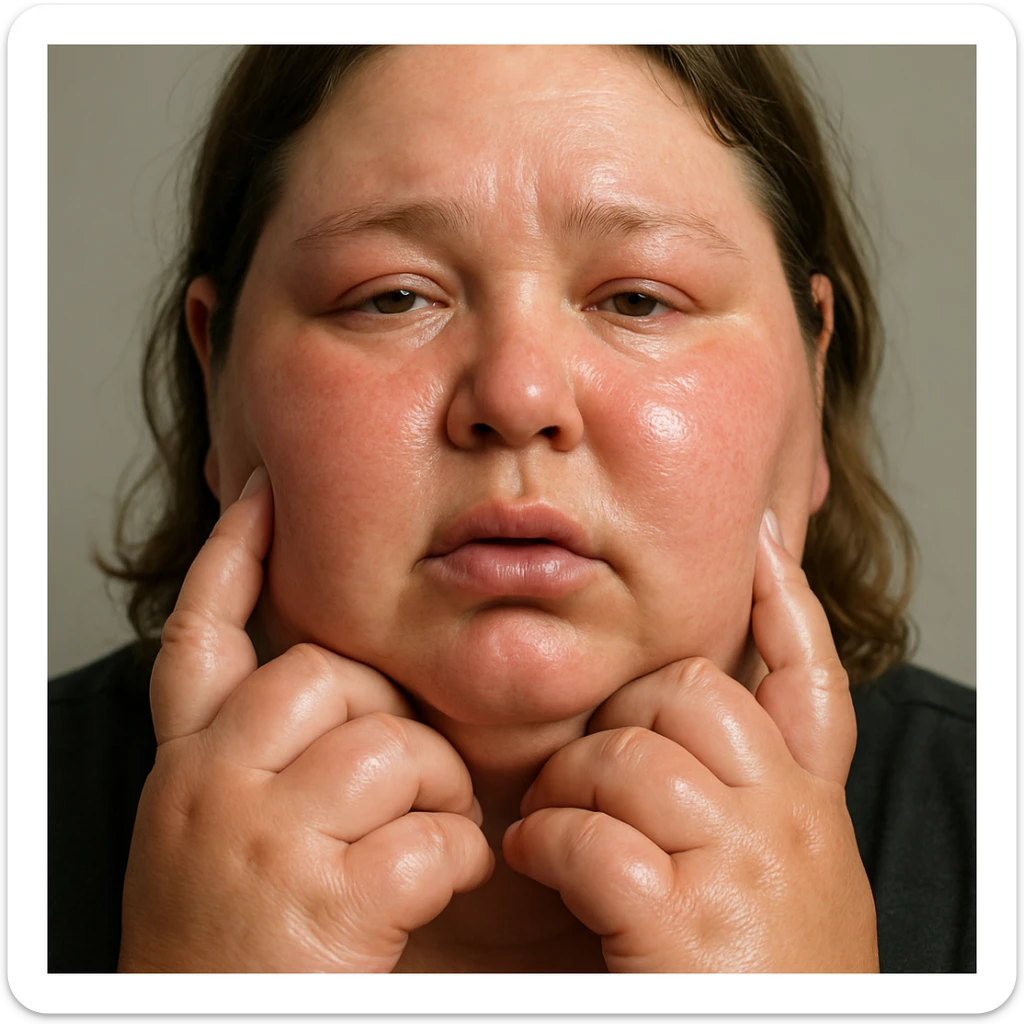 close-up of hyperrealistic woman with swollen face and hands, slightly shiny and reddened skin, signs of water retention, realistic anatomical details, 4K quality, neutral background sticker