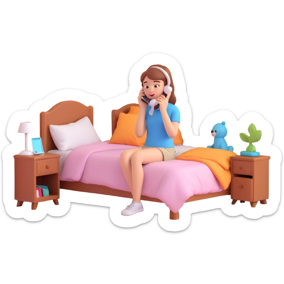 girl talking on phone bedroom background, close up pose sticker