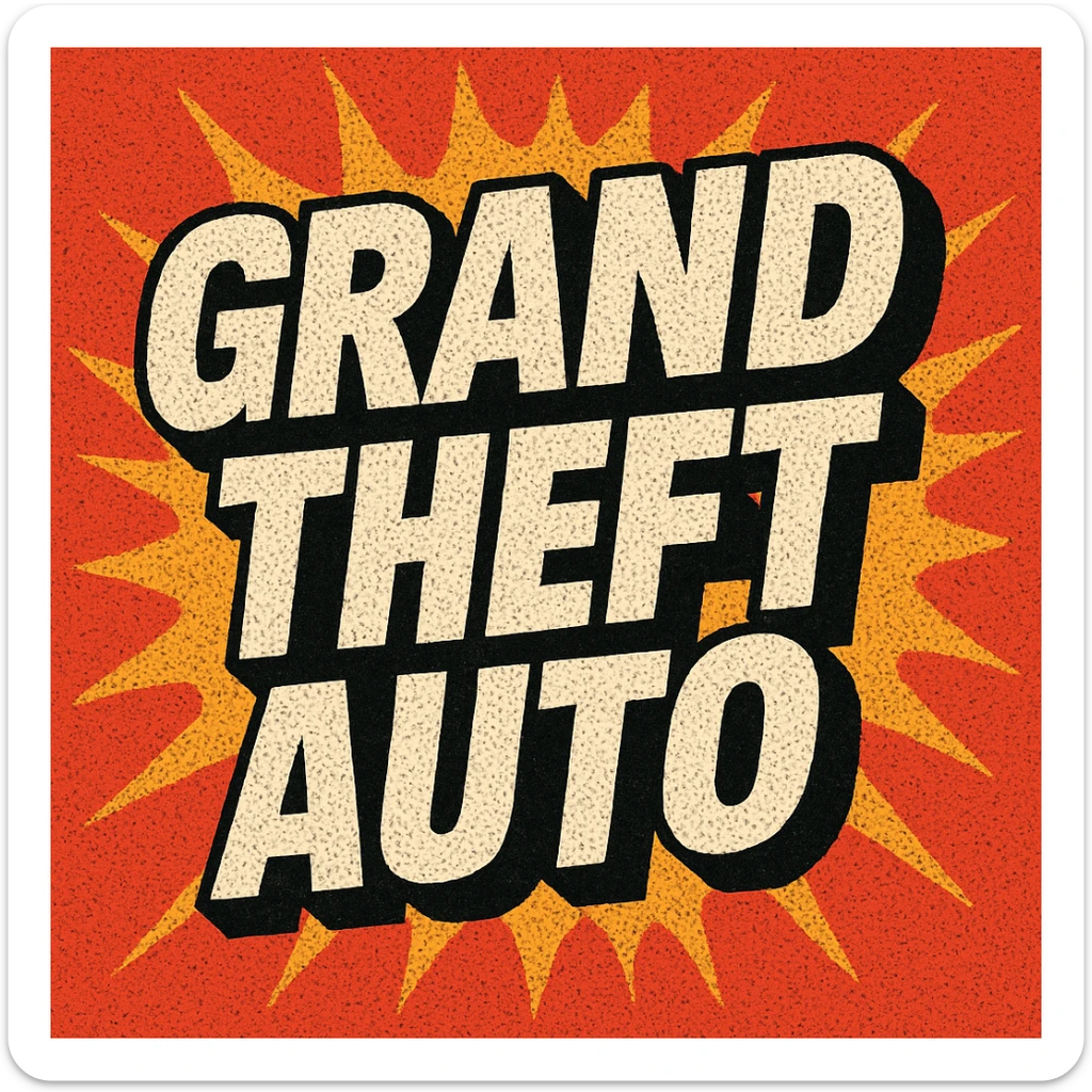 the words 'Grand Theft Auto' in a retro, comic book style, similar to the Grand Theft Auto logo, with bold black outlines and white letters sticker