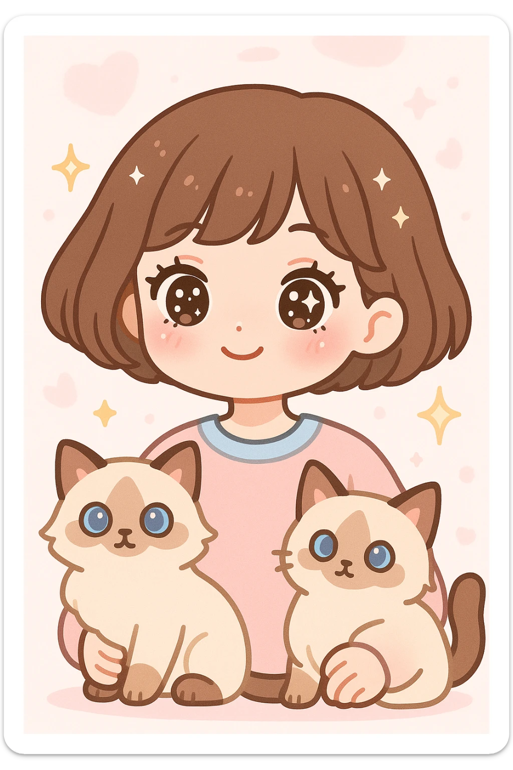 cute girl with short brown hair in soft girl style, wearing makeup, with sparkles and two light brown ragdoll cats, pink dreamy setting sticker