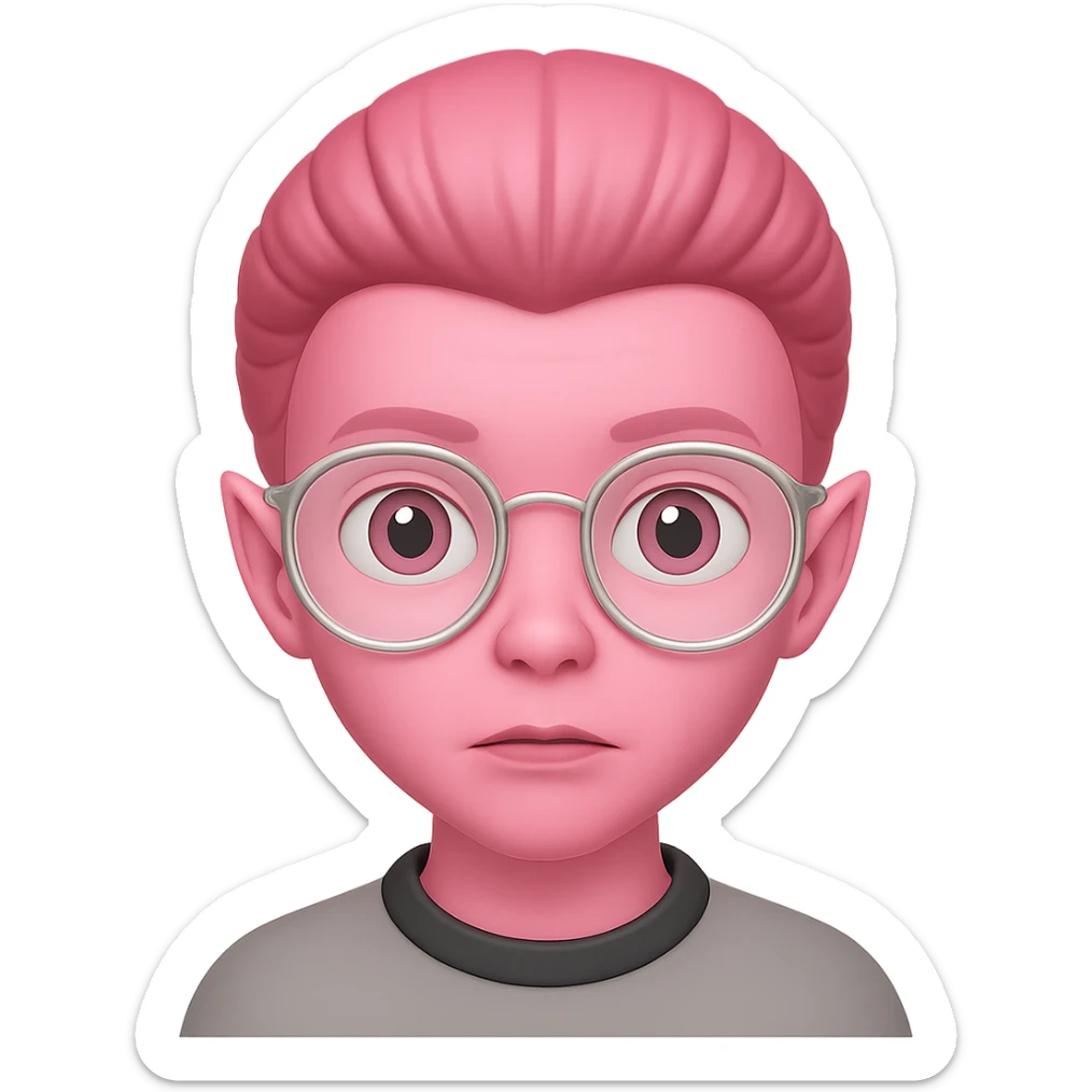 Create an alien with glasses in Apple emoji style with pink skin and no background. The style should mimic Apple emojis. sticker