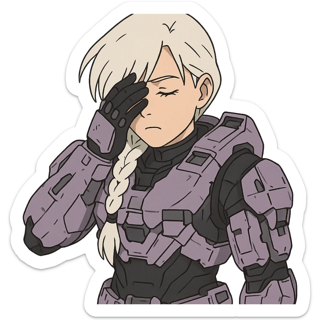 female, wearing reach spartan armor shoulder-unequip, long white braid hair with massive messy front side single bangs, gold yellow eyes, attention pose, HALO:series, no helmet, the armor is lavender color scheme, facepalm, smh, eyes closed sticker