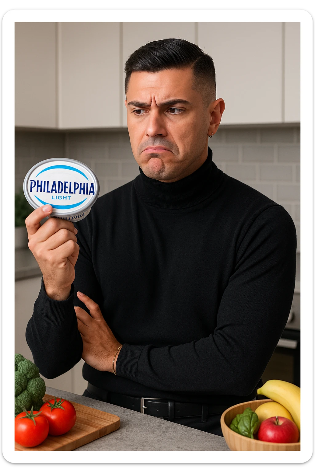 a man stands in his kitchen, holding a tub of Philadelphia Light cream cheese in one hand. He looks at it with a skeptical, slightly disapproving expression, eyebrows furrowed and lips pursed. The background shows a modern kitchen with healthy food options visible on the counter, emphasizing his awareness of better choices. The mood is reflective and subtly critical. sticker
