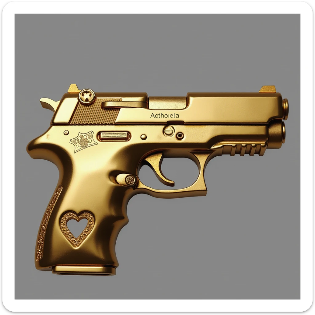 photorealistic gold pistol with a glossy finish, no heart shapes or motifs, white background sticker