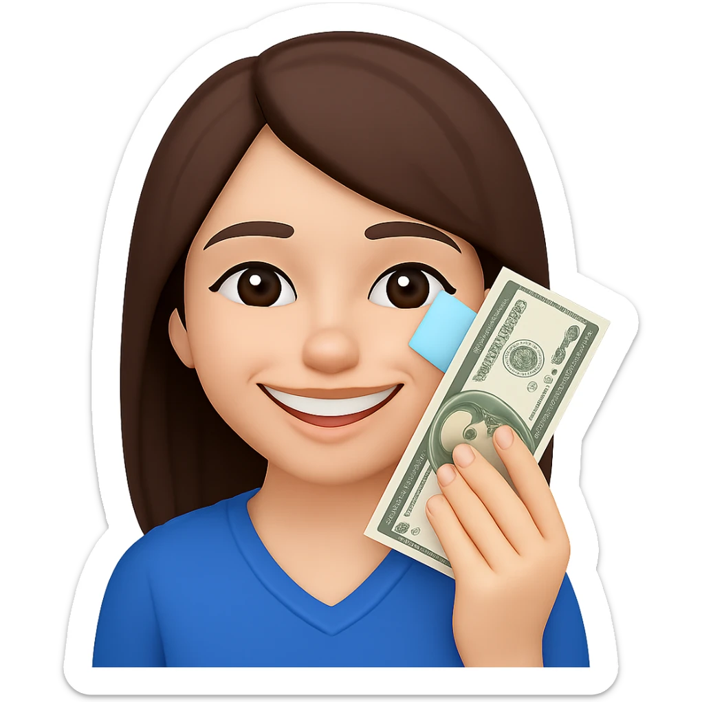 Make the brunette girl smile instead, drying her tears with money bills, close-up, in emoji style, no background. sticker